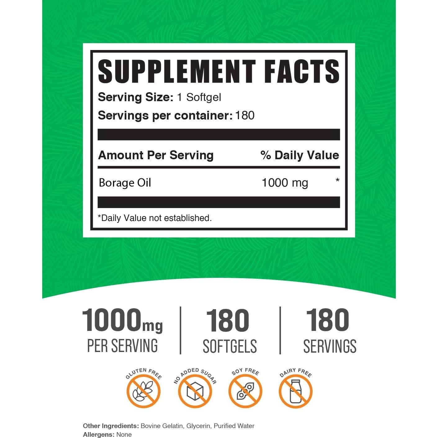 Aceite de Borraja 1000mg BulkSupplements - 180 Softgels Sin Gluten