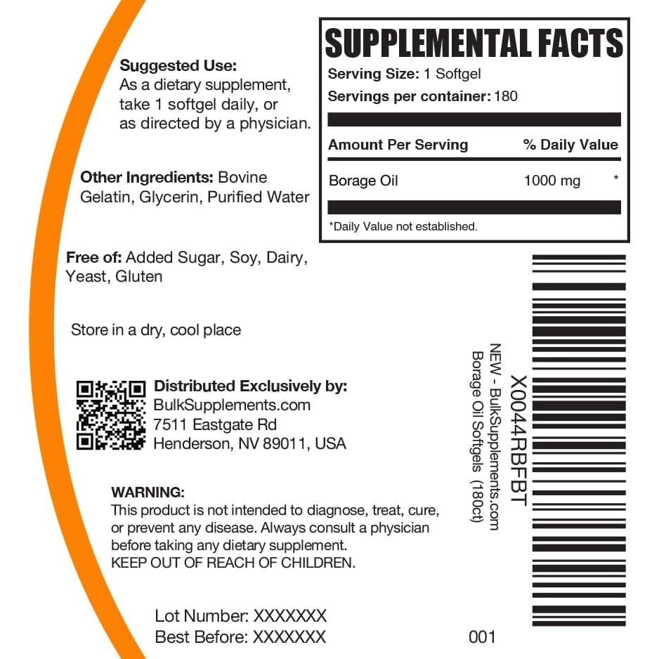 Aceite de Borraja 1000mg BulkSupplements - 180 Softgels Sin Gluten