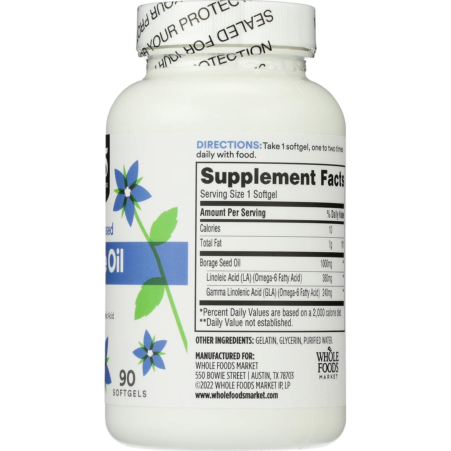 Aceite de Borraja 365 Whole Foods 90 Cápsulas Omega-6 GLA