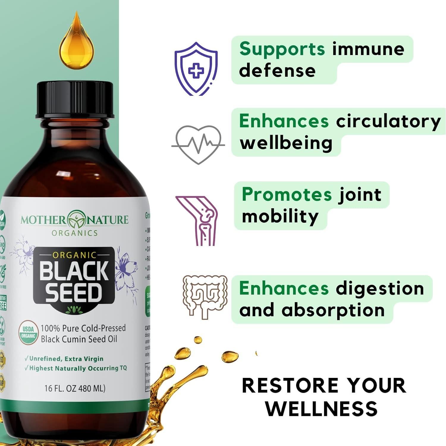 Aceite de Semilla Negra Orgánico Madre Naturaleza 473ml - Prensado en Frío, Alto en Timoquinona