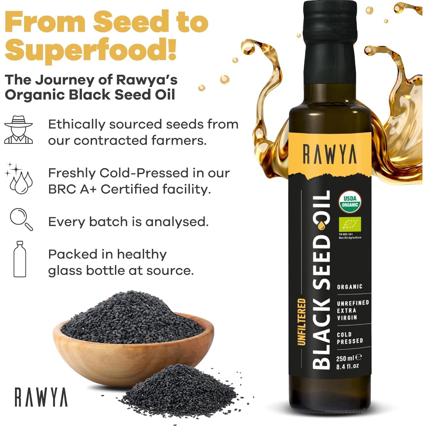 Aceite de Semilla de Negro Rawya 248 ml Orgánico Prensado en Frío