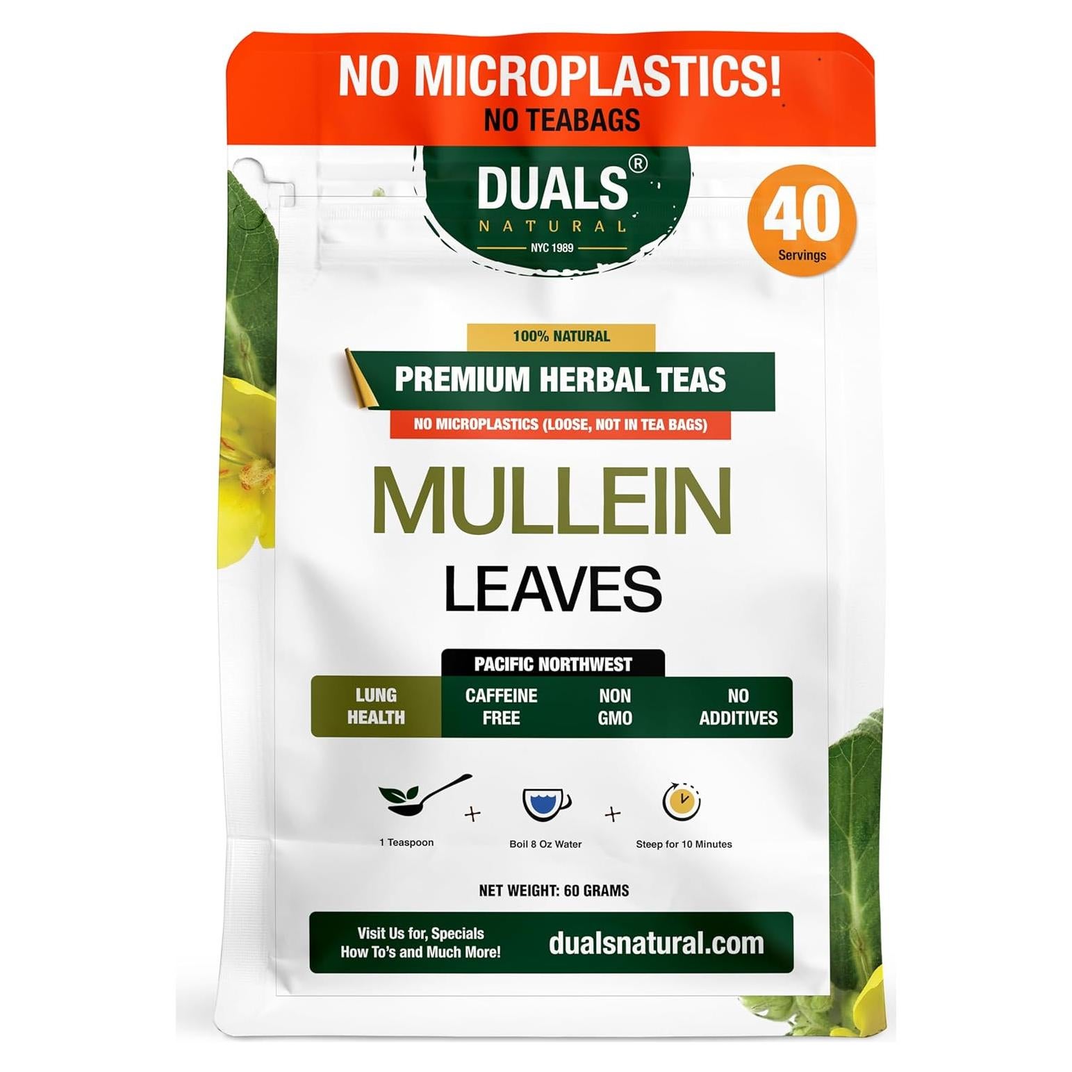 Té de Hoja de Mullein Duals Natural 60g - Sin Cafeína, 40 Porciones