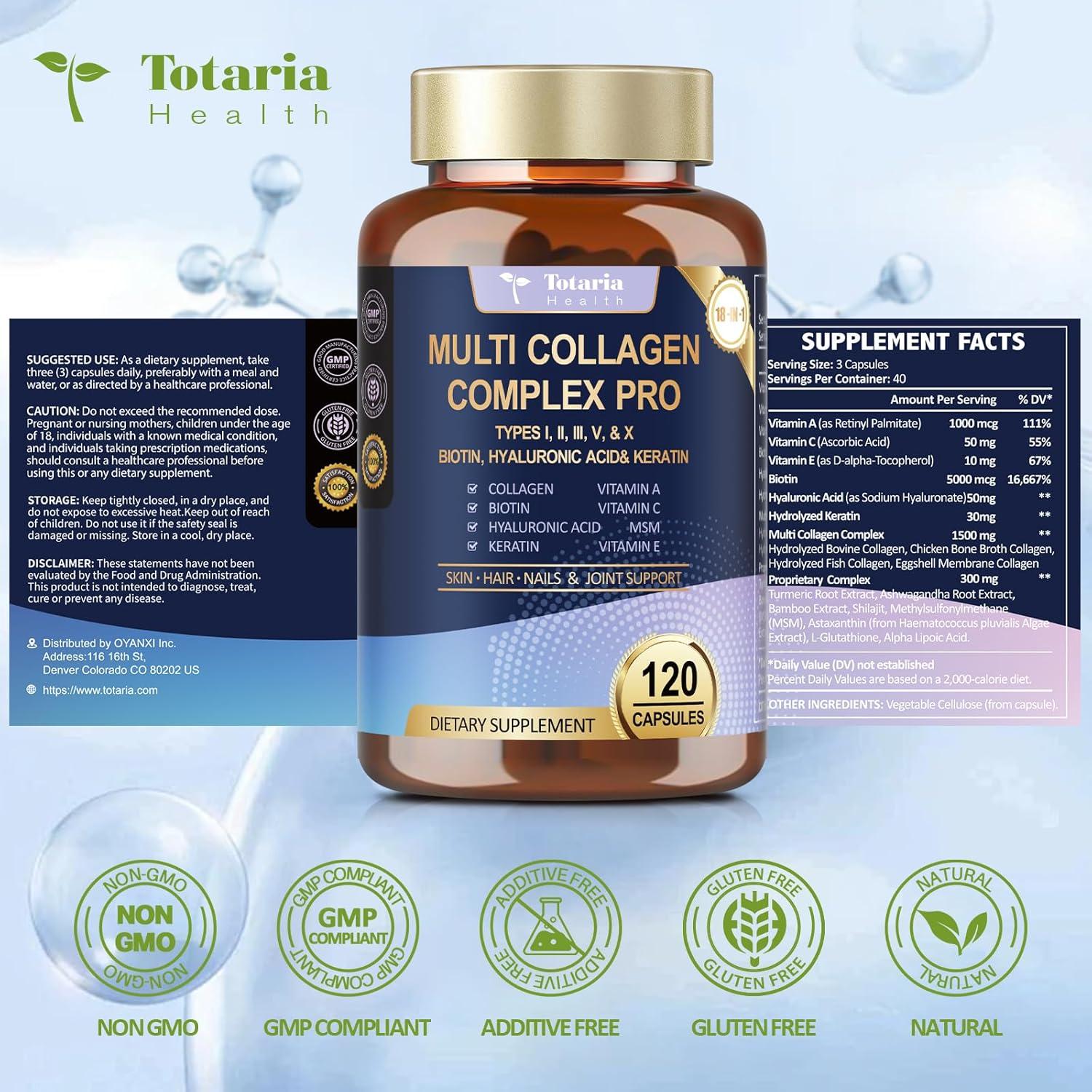 Cápsulas de Colágeno Pro Totaria 120 Caps - 18 en 1 con Biotina