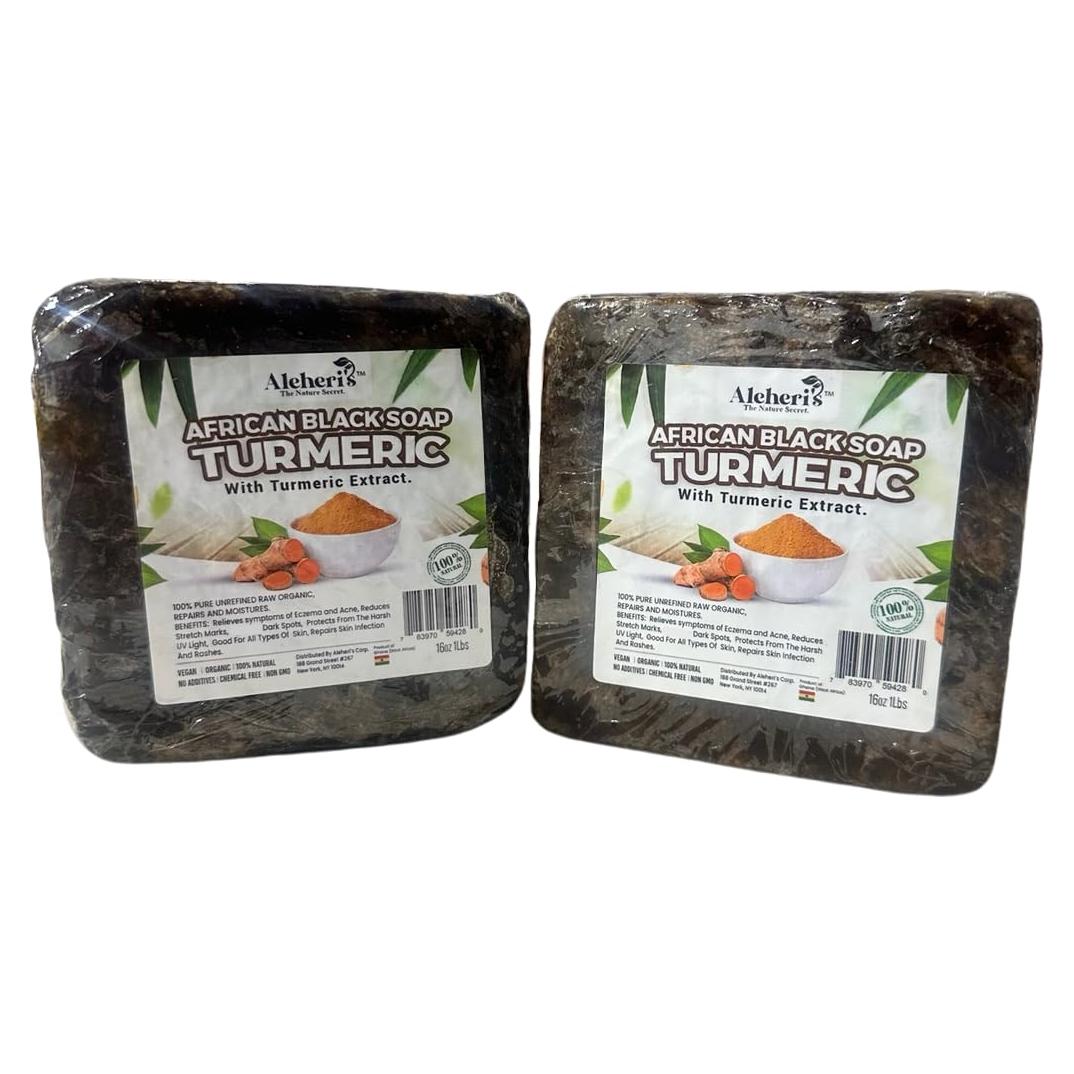 Jabón Negro Africano Aleheri 100% Crudo con Cúrcuma - Multipack 2