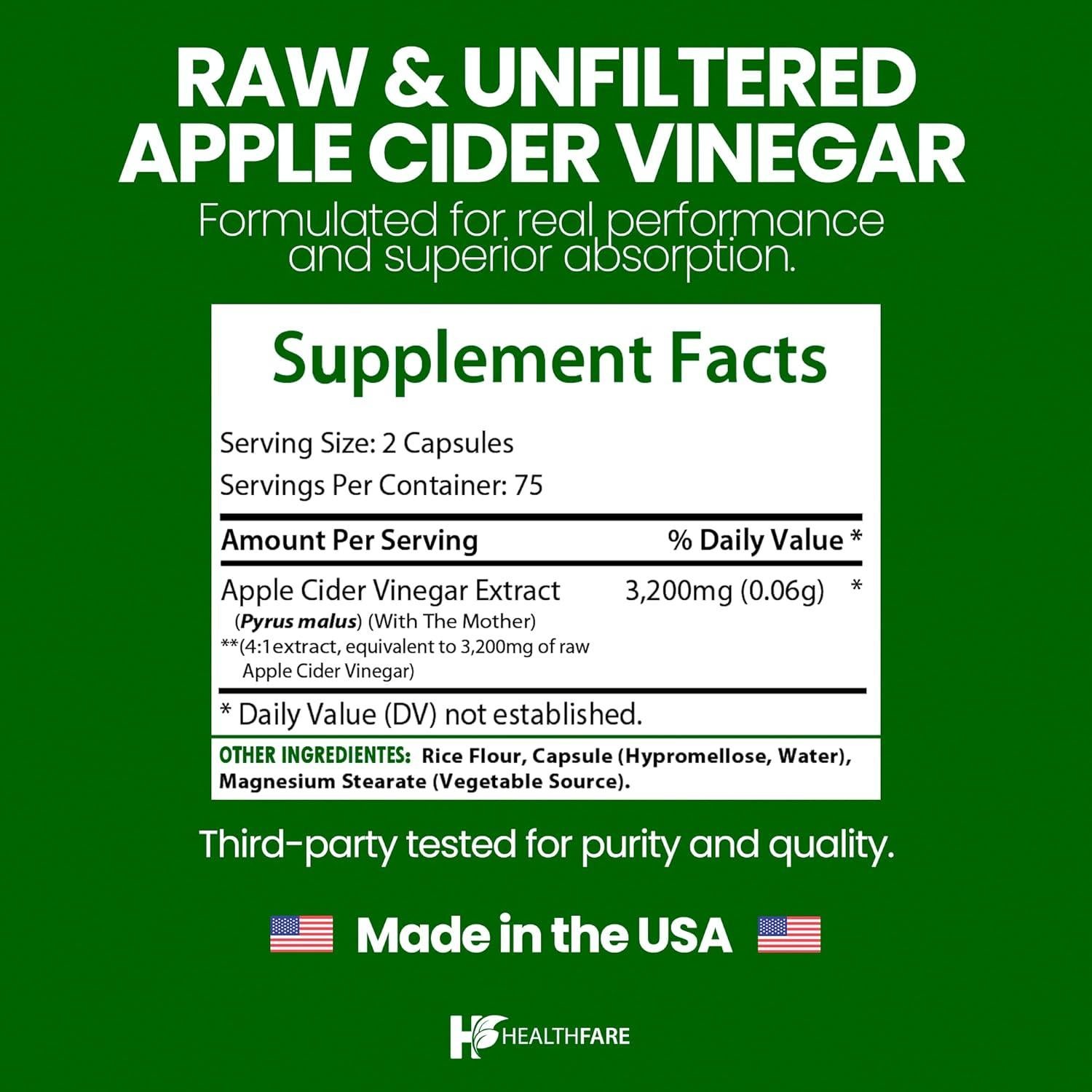 Cápsulas de Vinagre de Sidra de Manzana HealthFare 3200mg Veganas