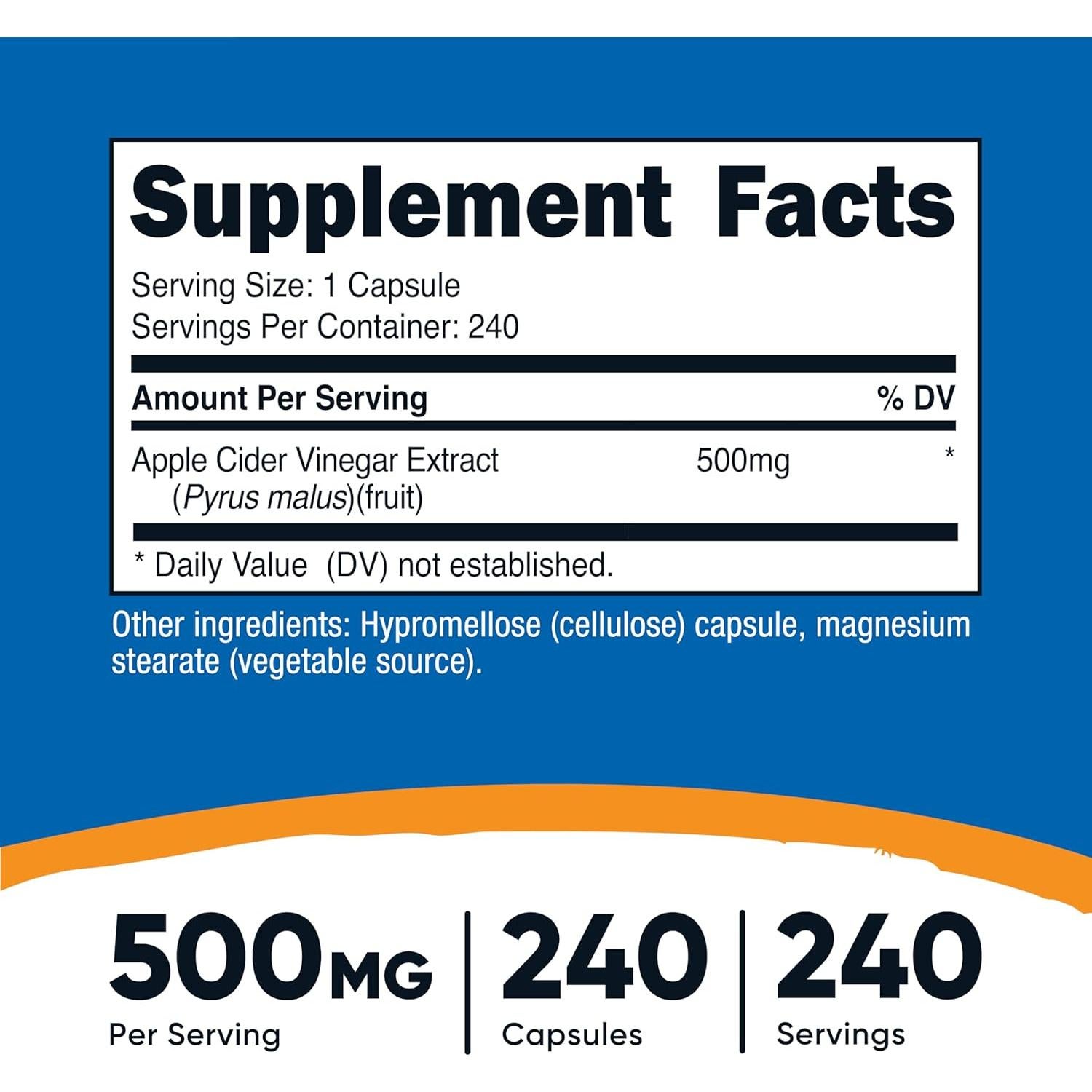 Cápsulas de Vinagre de Sidra de Manzana Nutricost 500mg - 240 Unidades