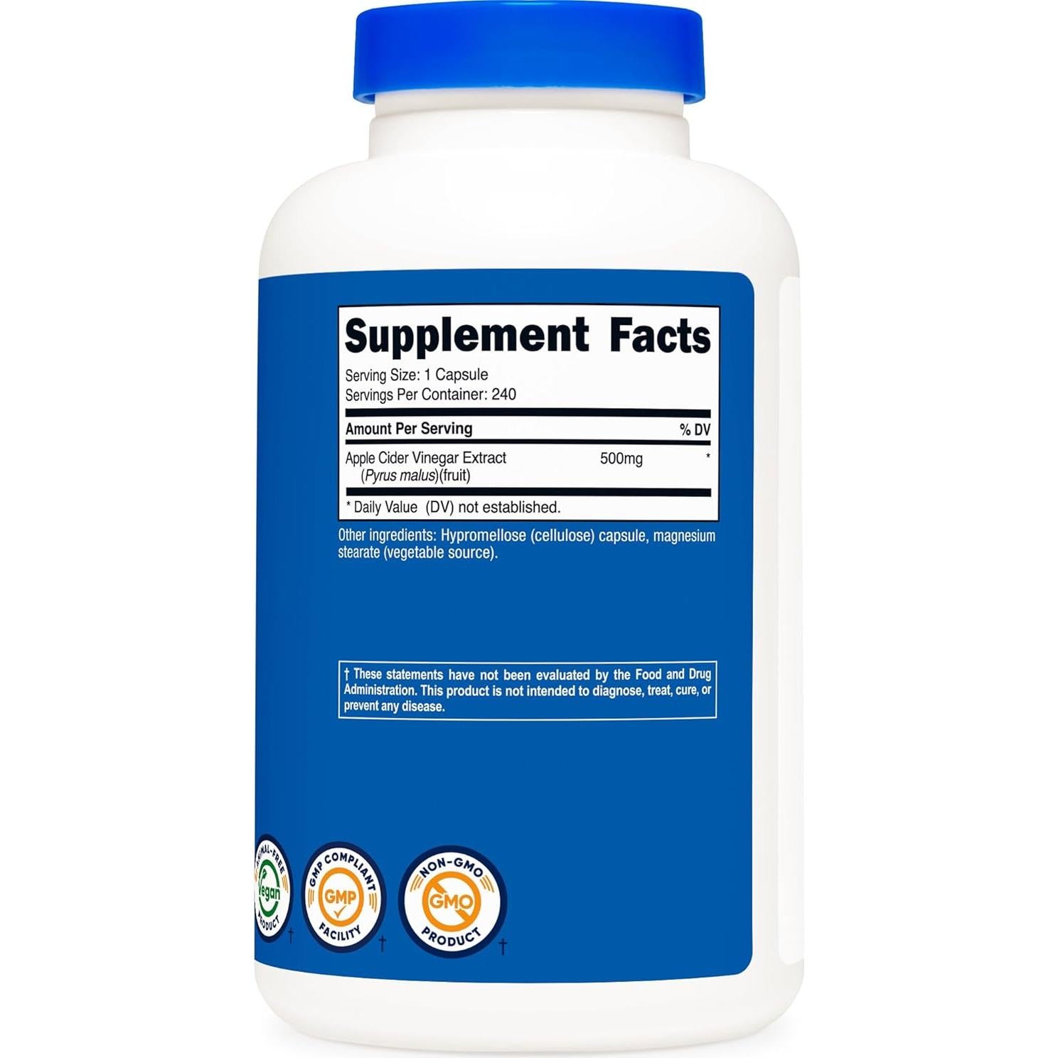 Cápsulas de Vinagre de Sidra de Manzana Nutricost 500mg - 240 Unidades