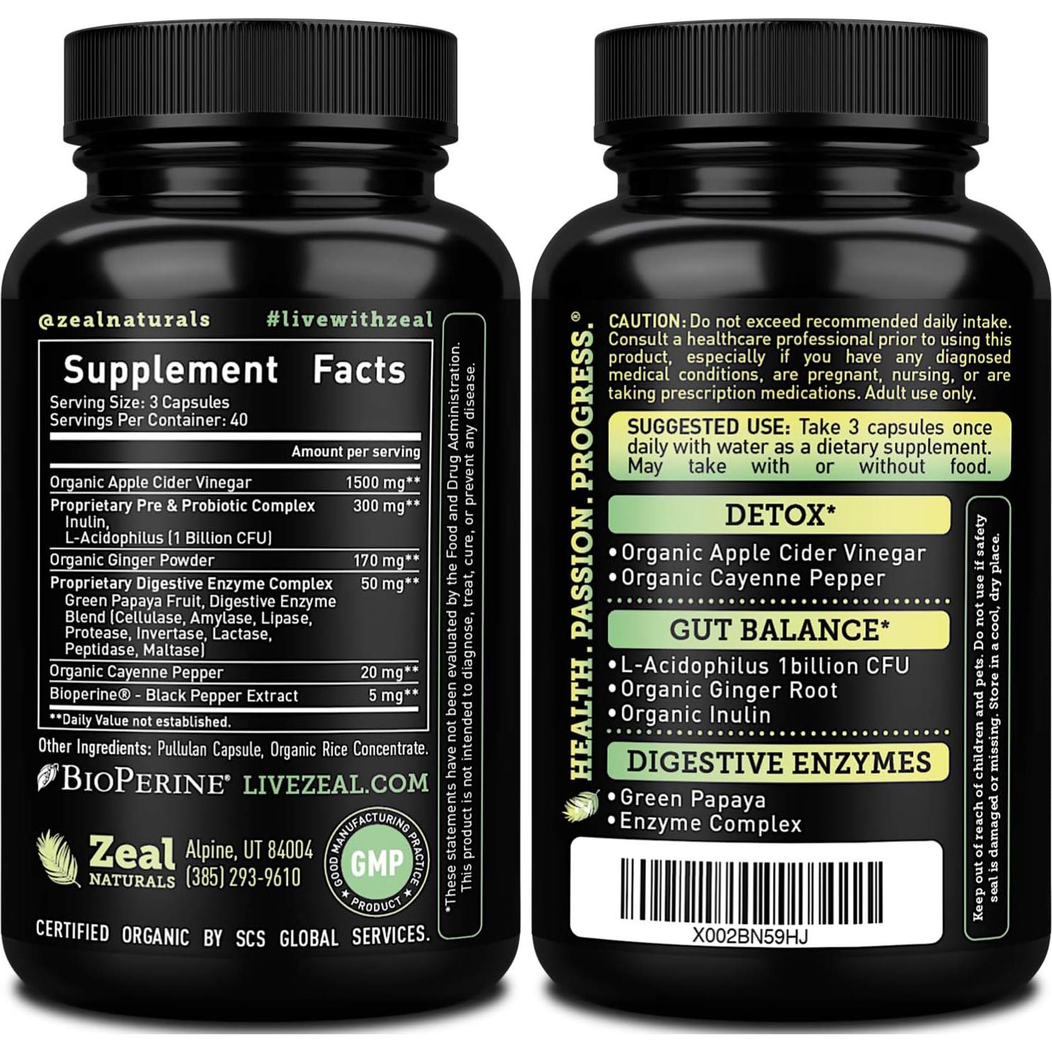 Cápsulas de Vinagre de Sidra de Manzana Orgánico Zeal Naturals 1500mg - 120 Unidades
