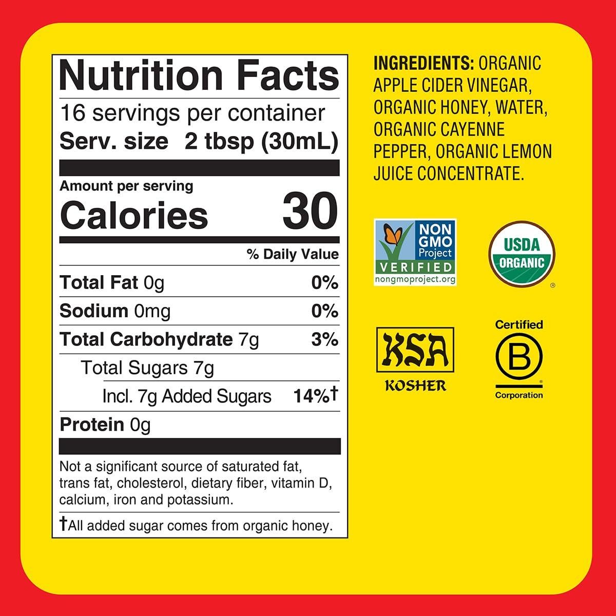 Vinagre de Sidra de Manzana Orgánico Bragg con Miel y Cayena 473 ml