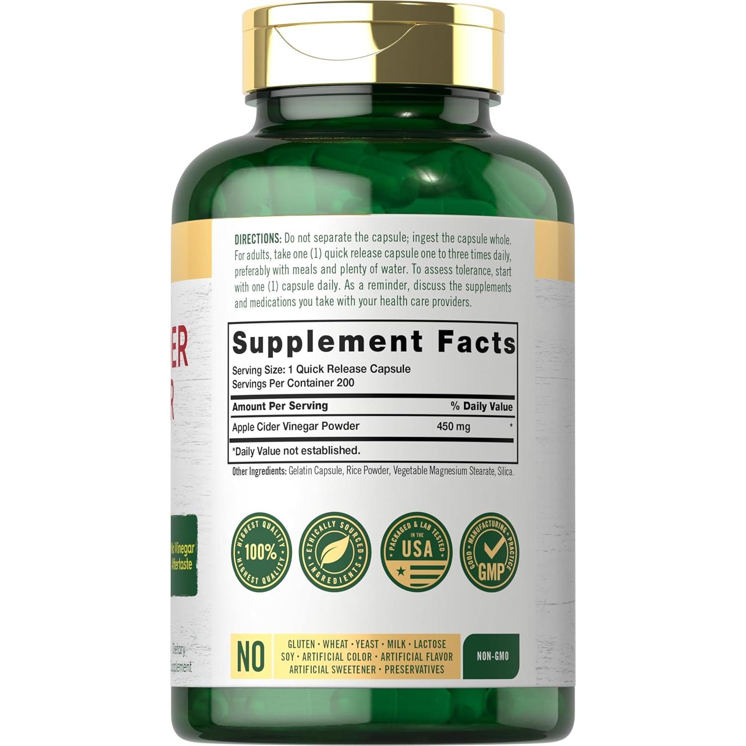 Cápsulas de Vinagre de Sidra de Manzana Carlyle 450mg 200 Unidades