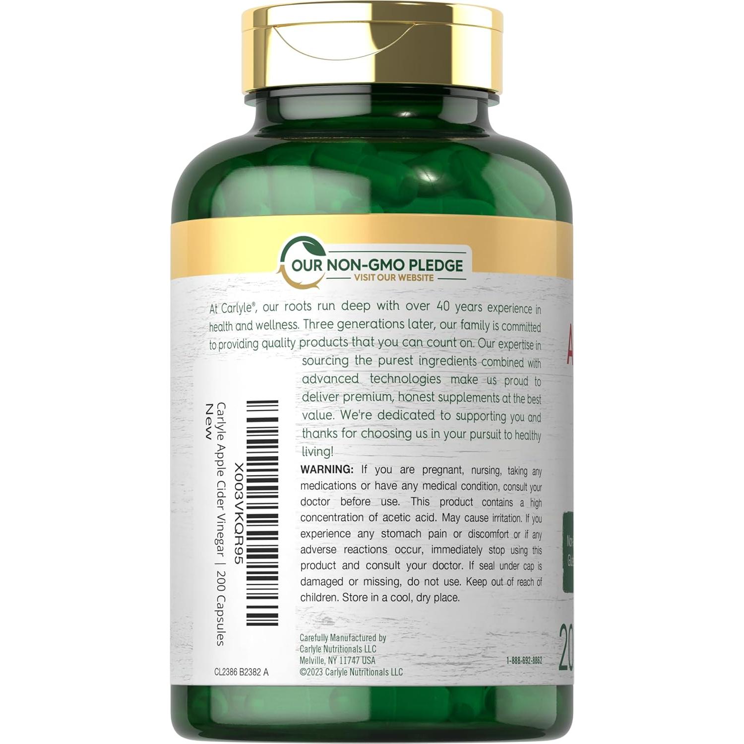 Cápsulas de Vinagre de Sidra de Manzana Carlyle 450mg 200 Unidades