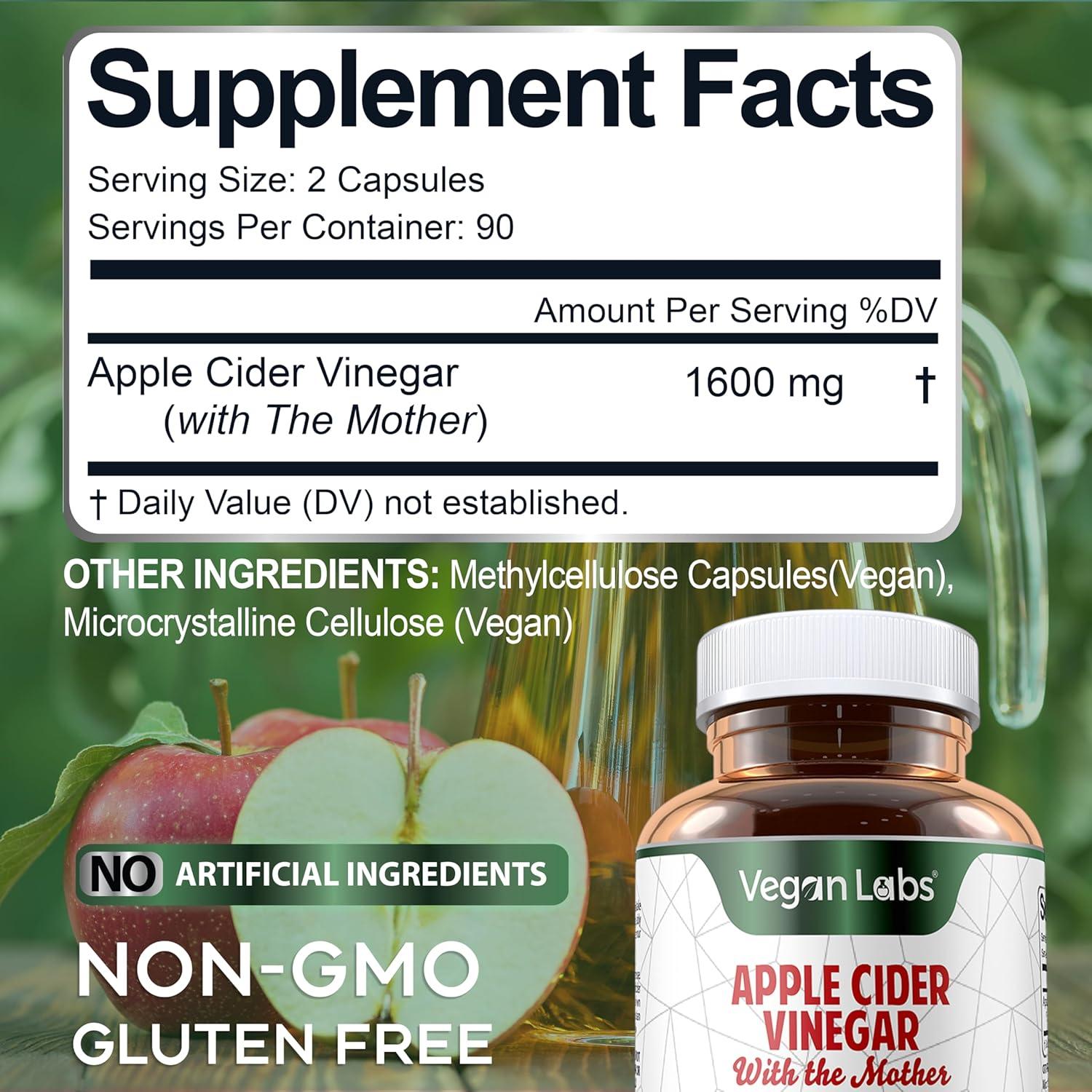 Cápsulas de Vinagre de Sidra de Manzana Vegan Labs 180 Unidades 1600mg
