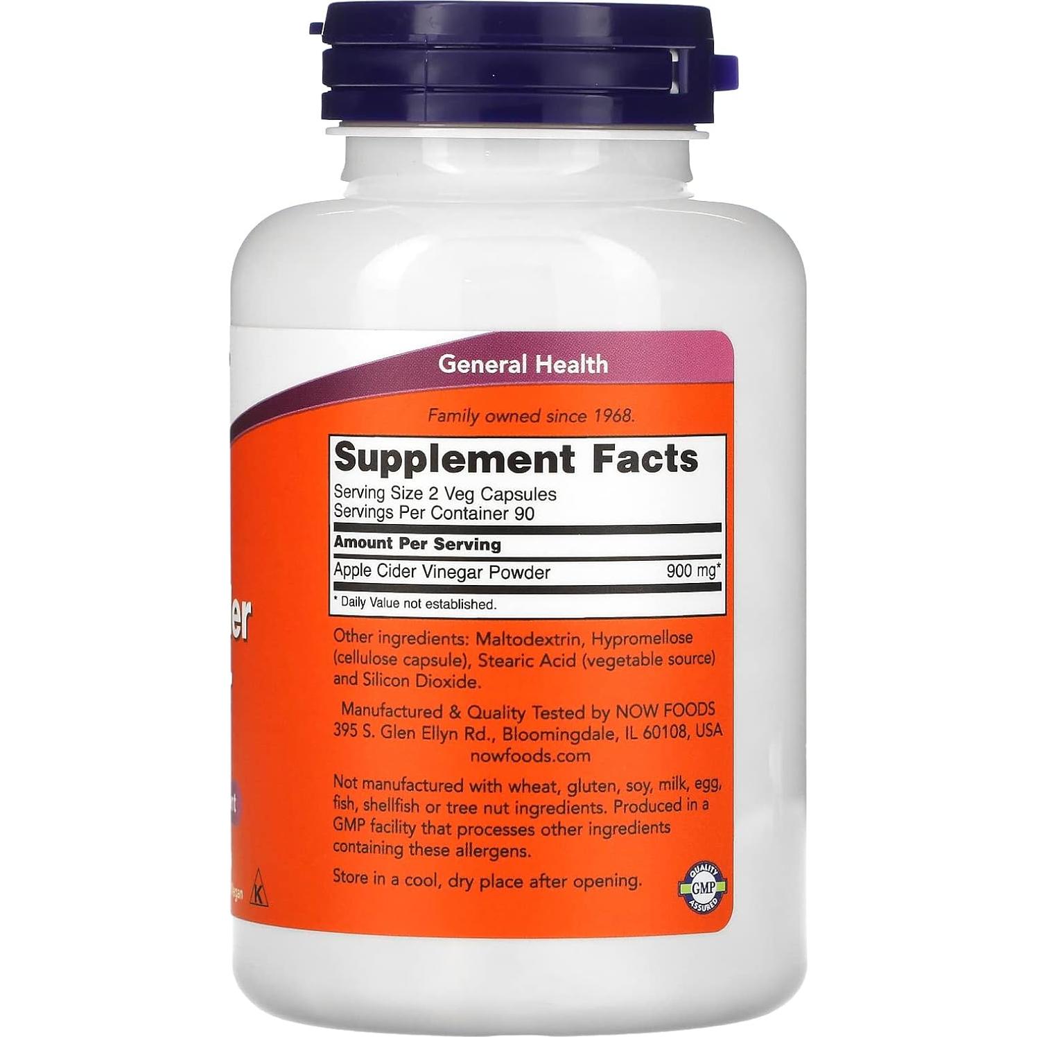 Vinagre de Sidra de Manzana NOW Foods 450 mg 180 Cápsulas