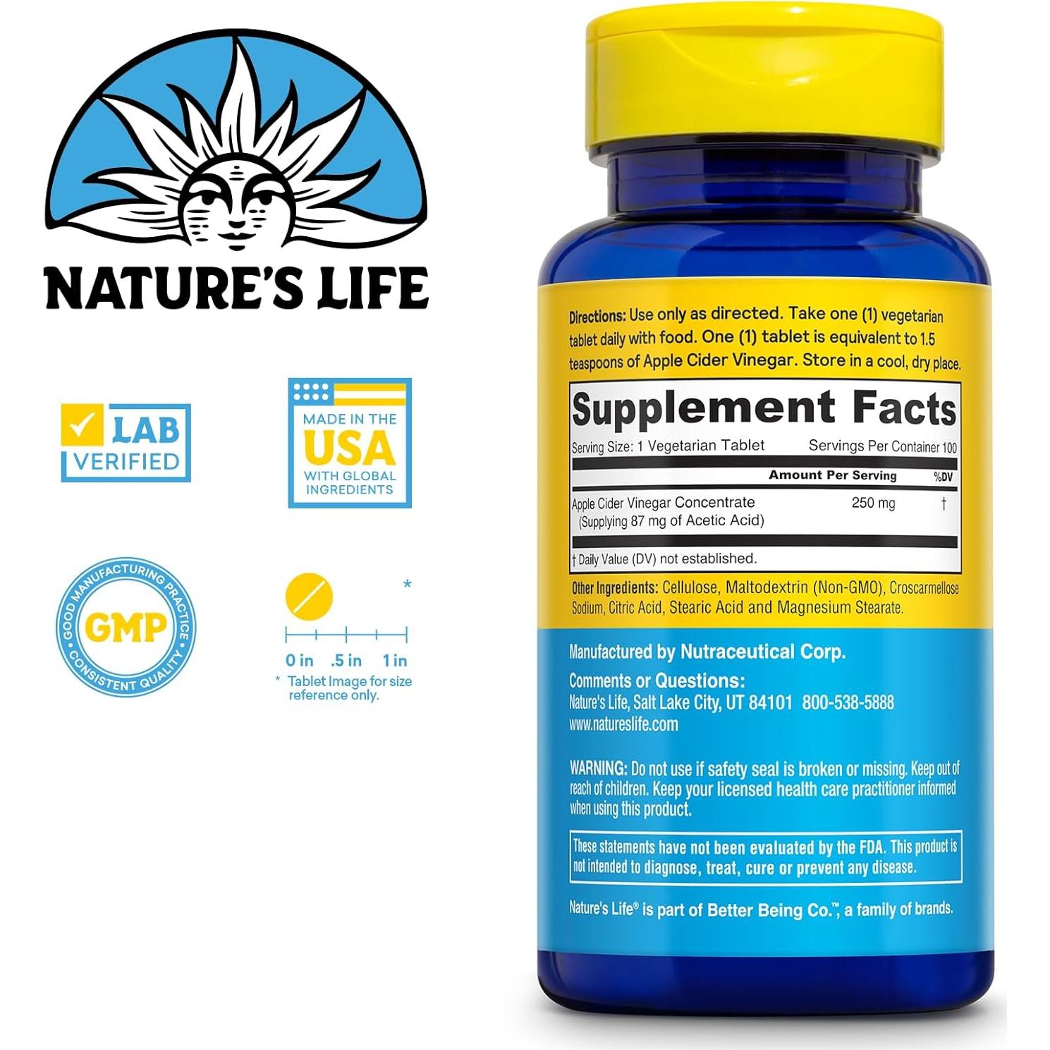 Tabletas de Vinagre de Sidra de Manzana Nature's Life 250mg 100 Unidades