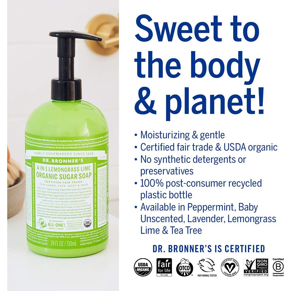 Jabón Orgánico Dr. Bronner's Hierba Limón 340g - Vegano y Natural