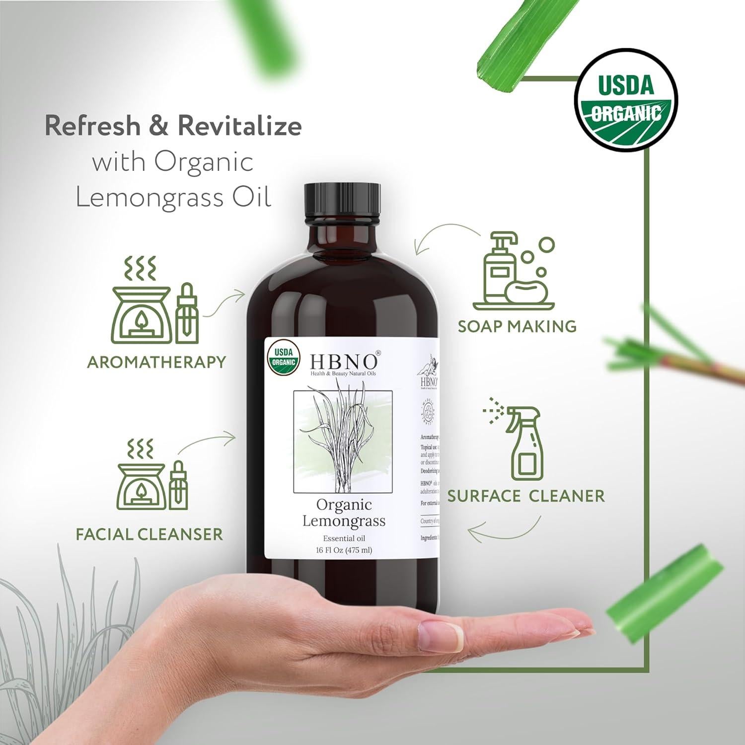 Aceite Esencial de Hierba Limón Orgánico HBNO - 475ml - Ideal para Cuidado de la Piel