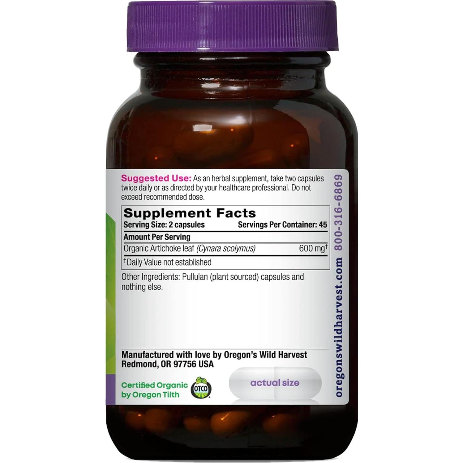 Suplemento Herbal Orgánico Alcachofa Oregon's Wild Harvest 90 Cápsulas