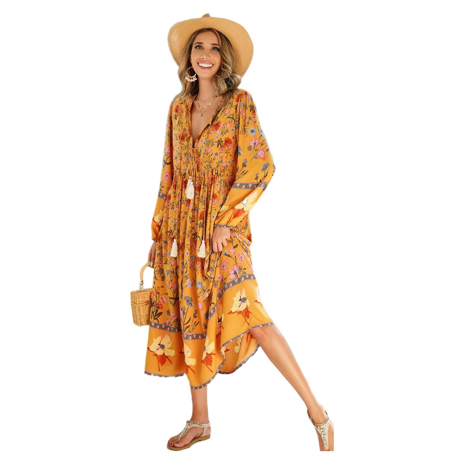 Vestido Midi Bohemio R.Vivimos Mostaza X-Large Floral