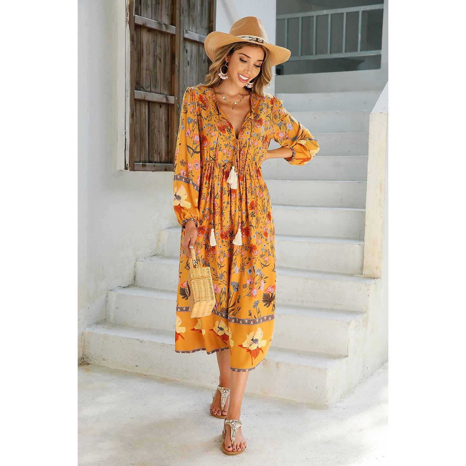 Vestido Midi Bohemio R.Vivimos Mostaza X-Large Floral