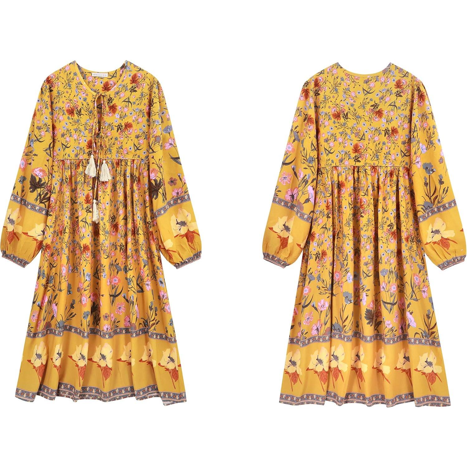 Vestido Midi Bohemio R.Vivimos Mostaza X-Large Floral