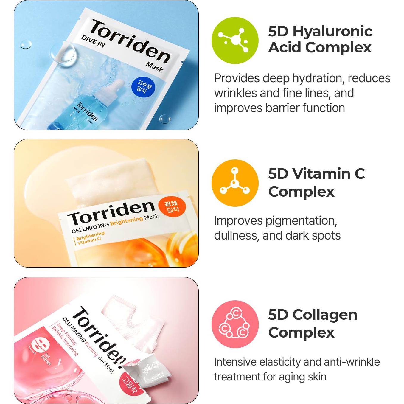 Conjunto de Mascarillas Faciales Torriden - 15 Hojas Hidratantes