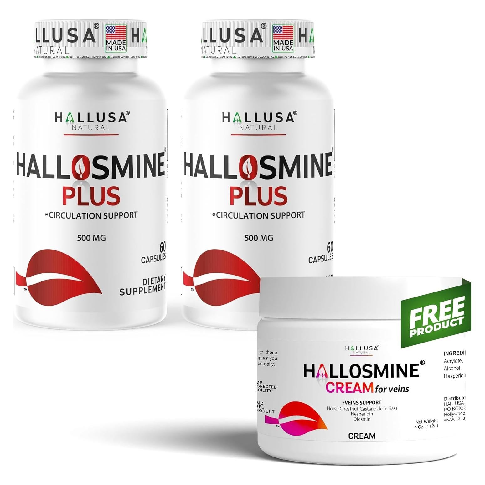 Hallosmine Plus 500mg Diosmina - Suplemento Circulación 120 Cápsulas + Crema 113g Gratis