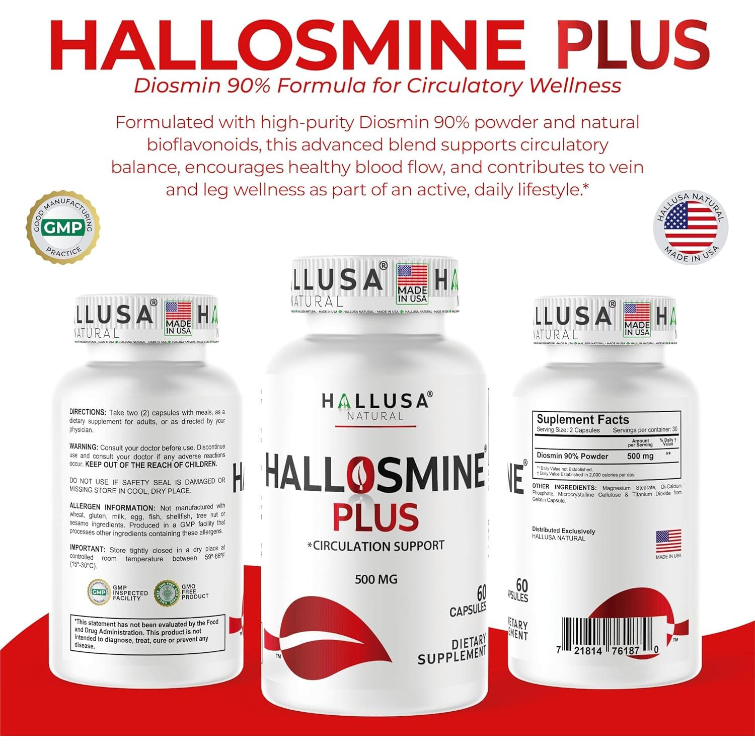 Hallosmine Plus 500mg Diosmina - Suplemento Circulación 120 Cápsulas + Crema 113g Gratis
