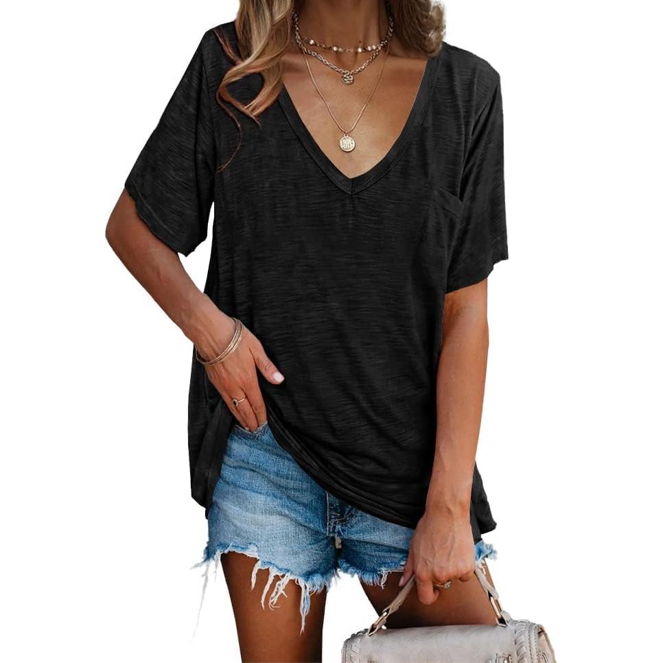 Camiseta de V Cuello Imesrun para Mujeres - Manga Corta, Casual, con Bolsillo
