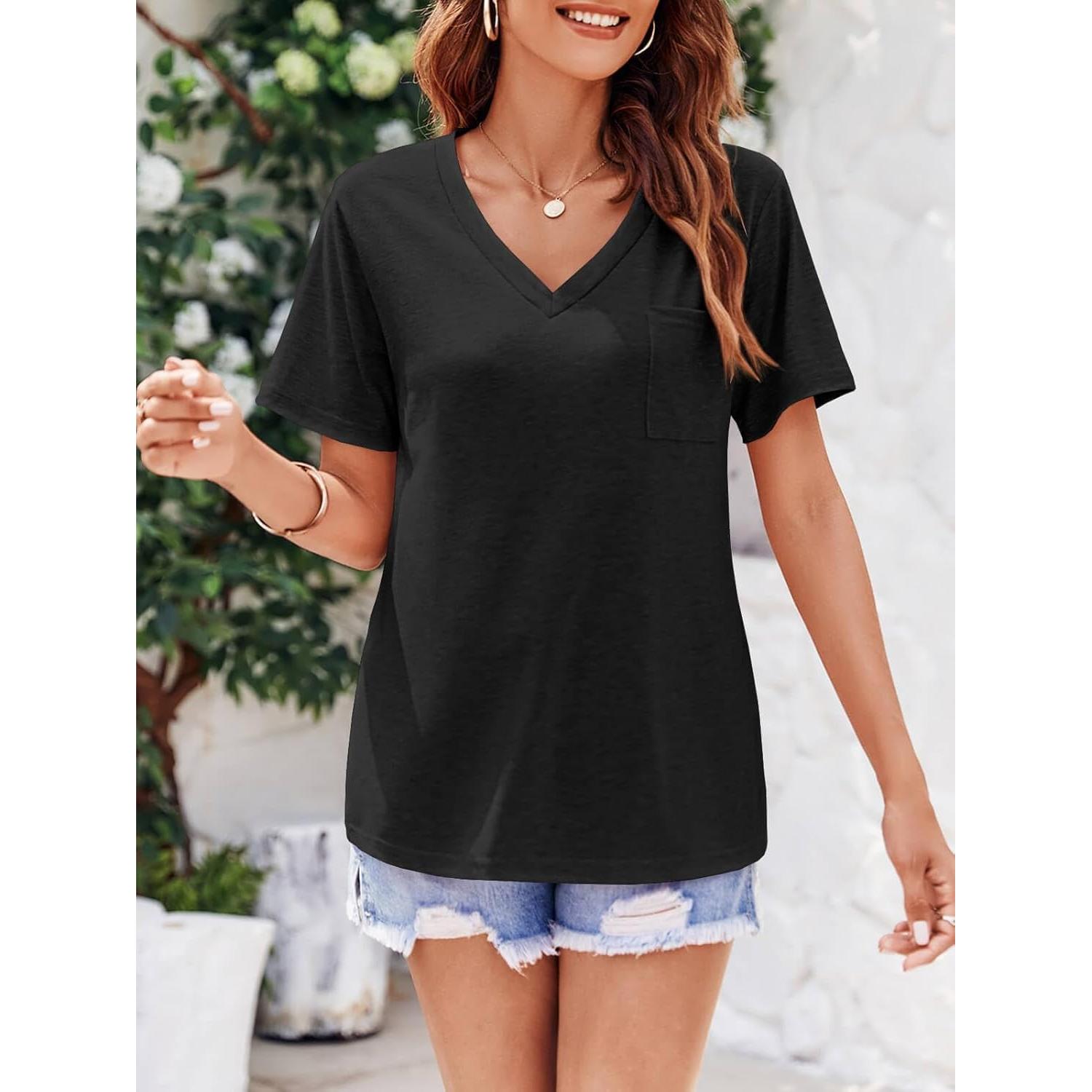 Camiseta de V Cuello Imesrun para Mujeres - Manga Corta, Casual, con Bolsillo