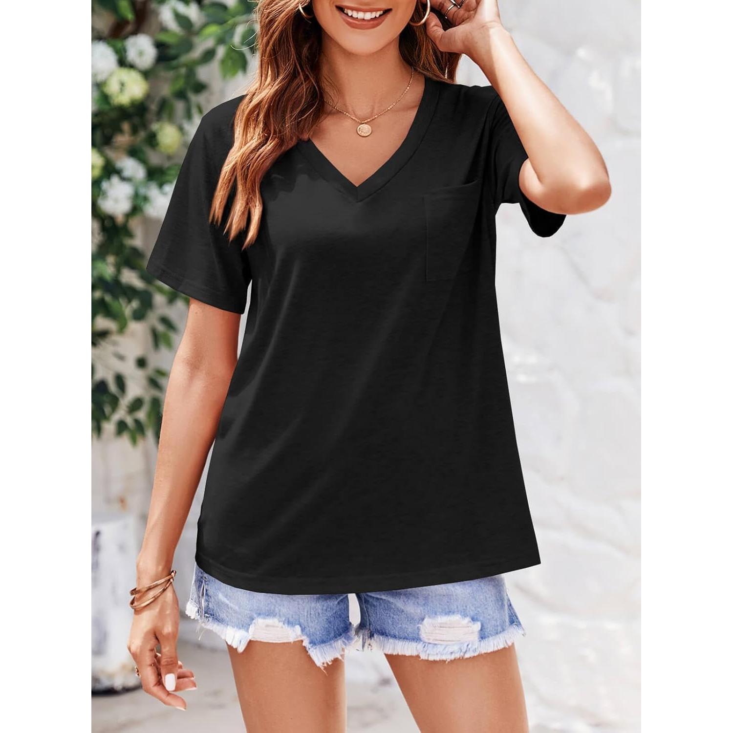 Camiseta de V Cuello Imesrun para Mujeres - Manga Corta, Casual, con Bolsillo