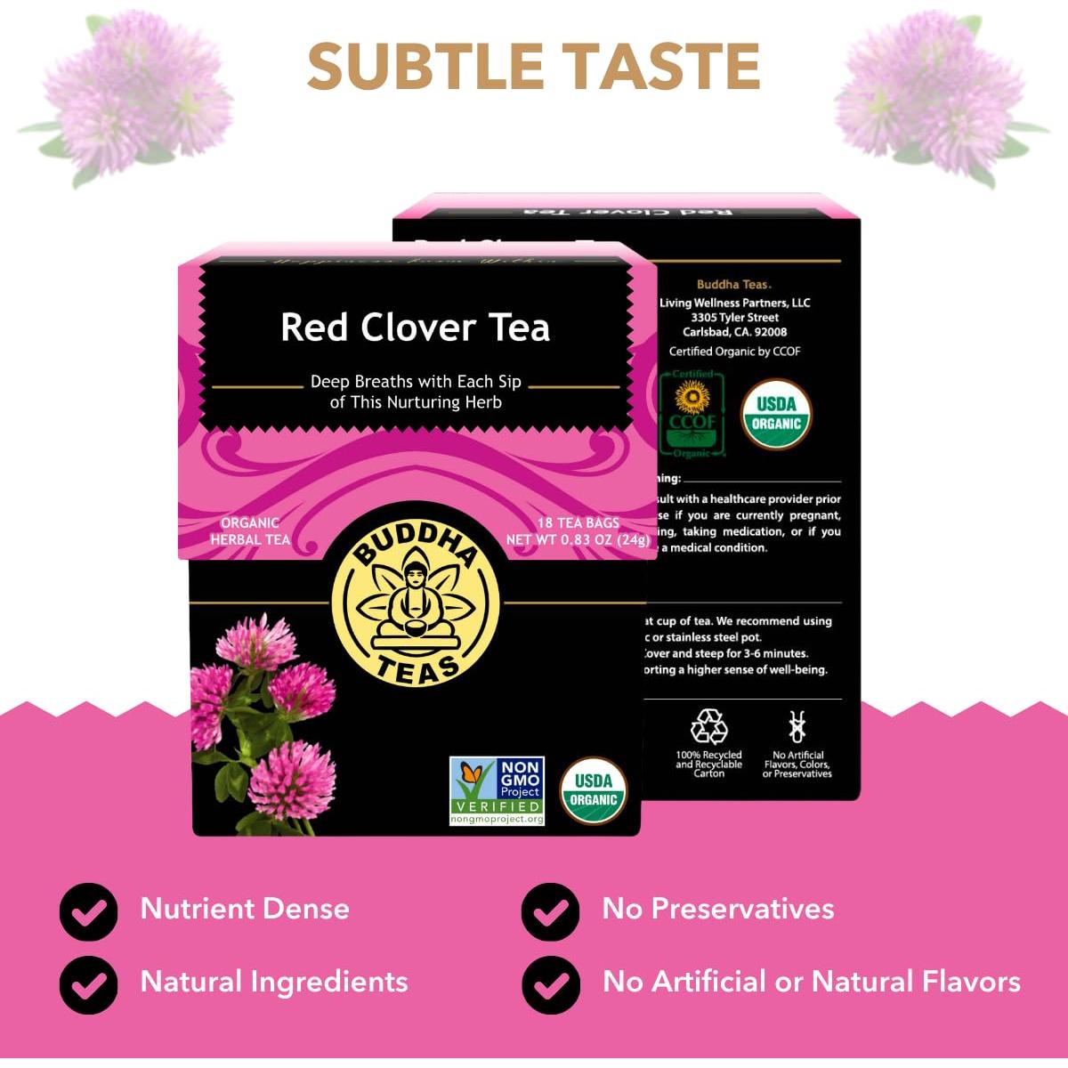 Té Herbal Orgánico Buddha Teas de Flor de Trébol Rojo - 3 Paquetes