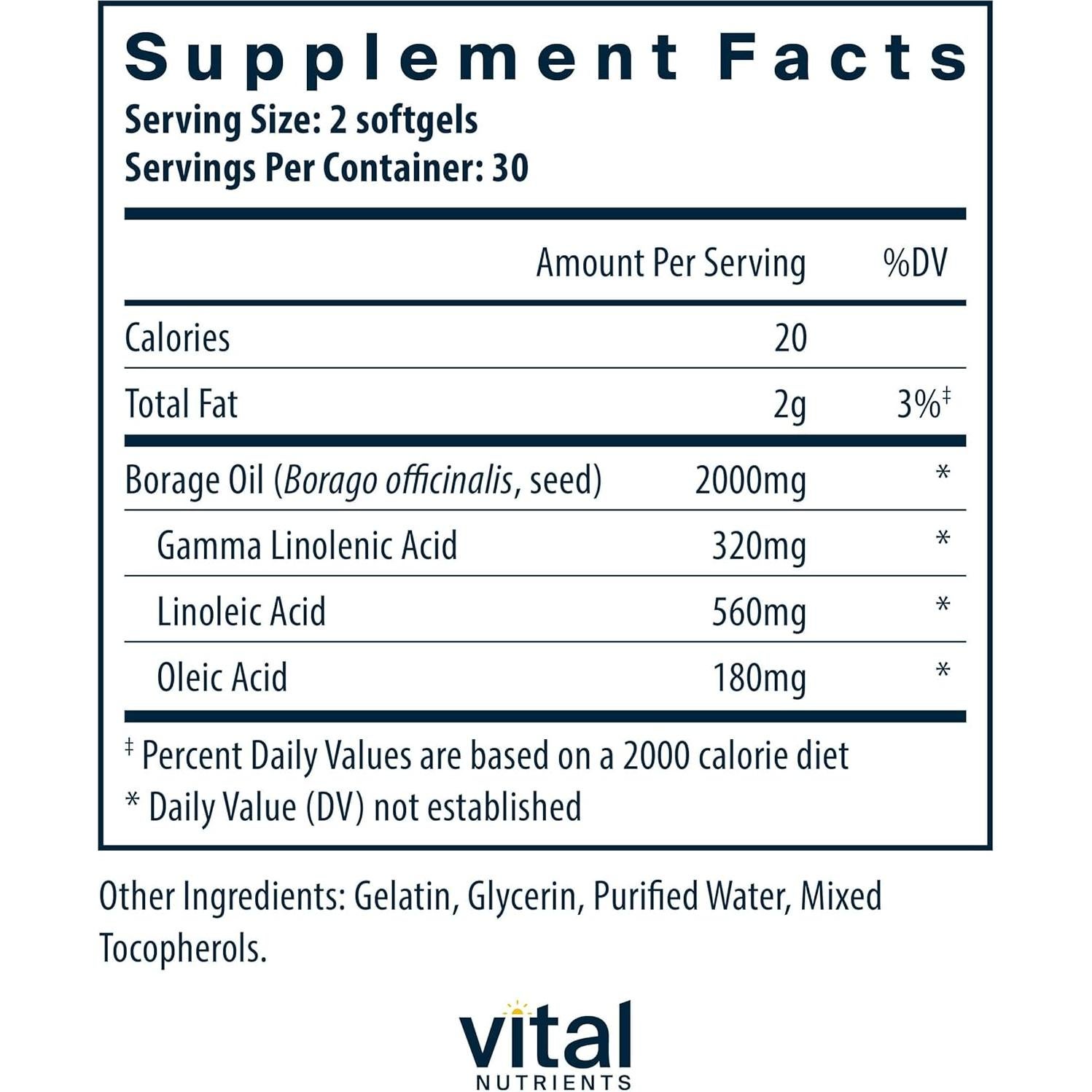 Aceite de Borraja Vital Nutrients 1000mg - 60 Gelatinas Blandas