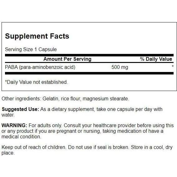Suplemento PABA Swanson - 120 Cápsulas de 500mg - Vitamina B
