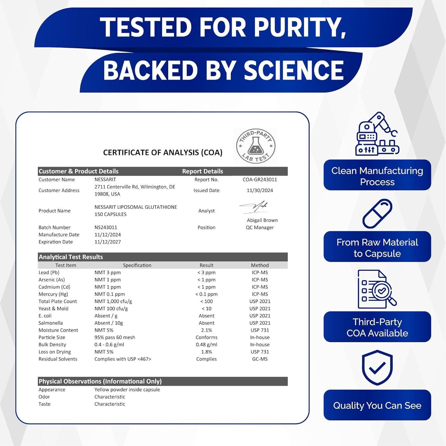 Suplemento de Glutati&oacute;n y Vitamina C NESSARIT - 150 C&aacute;psulas