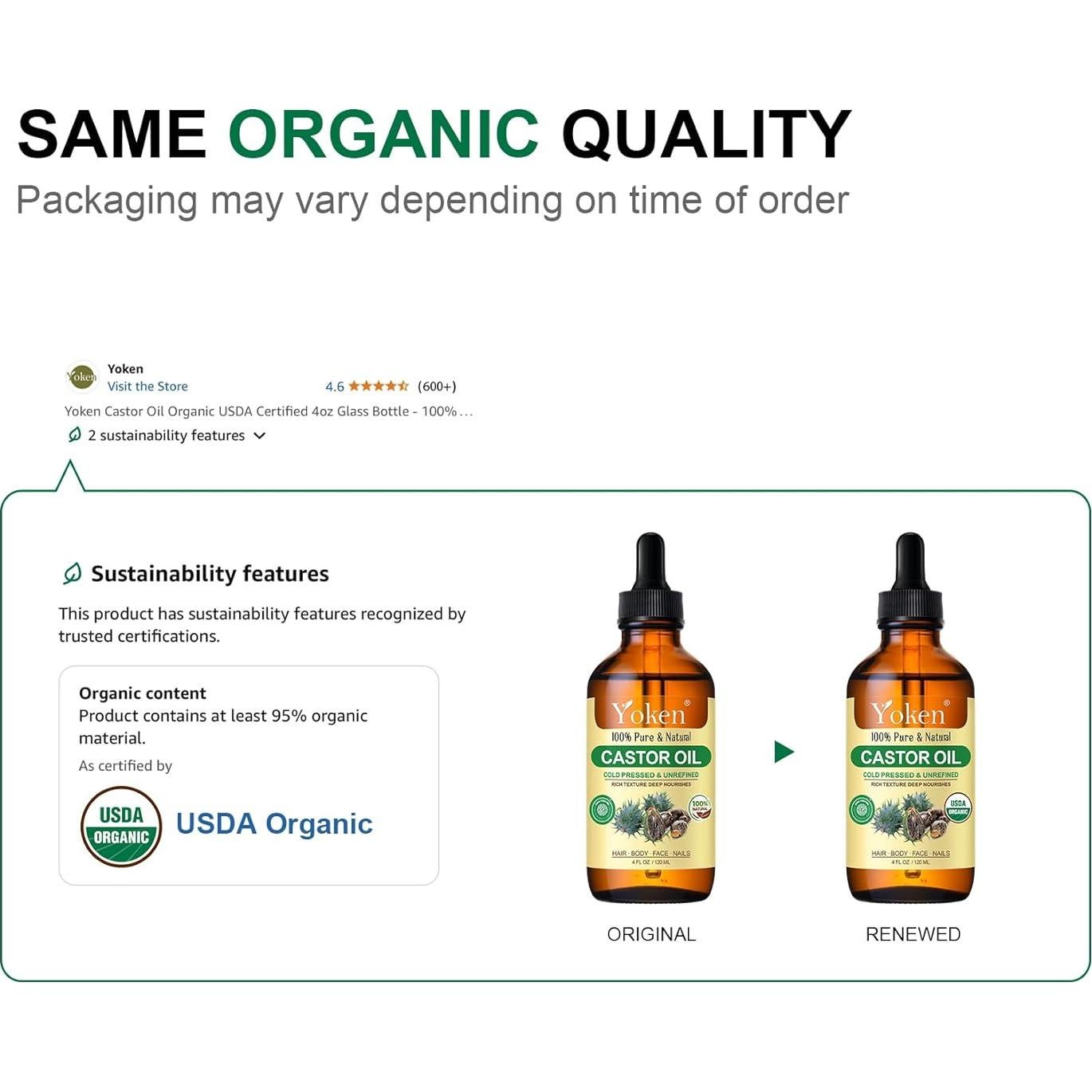 Aceite de Ricino Orgánico Yoken 118ml - Prensado en Frío, EWG Verificado