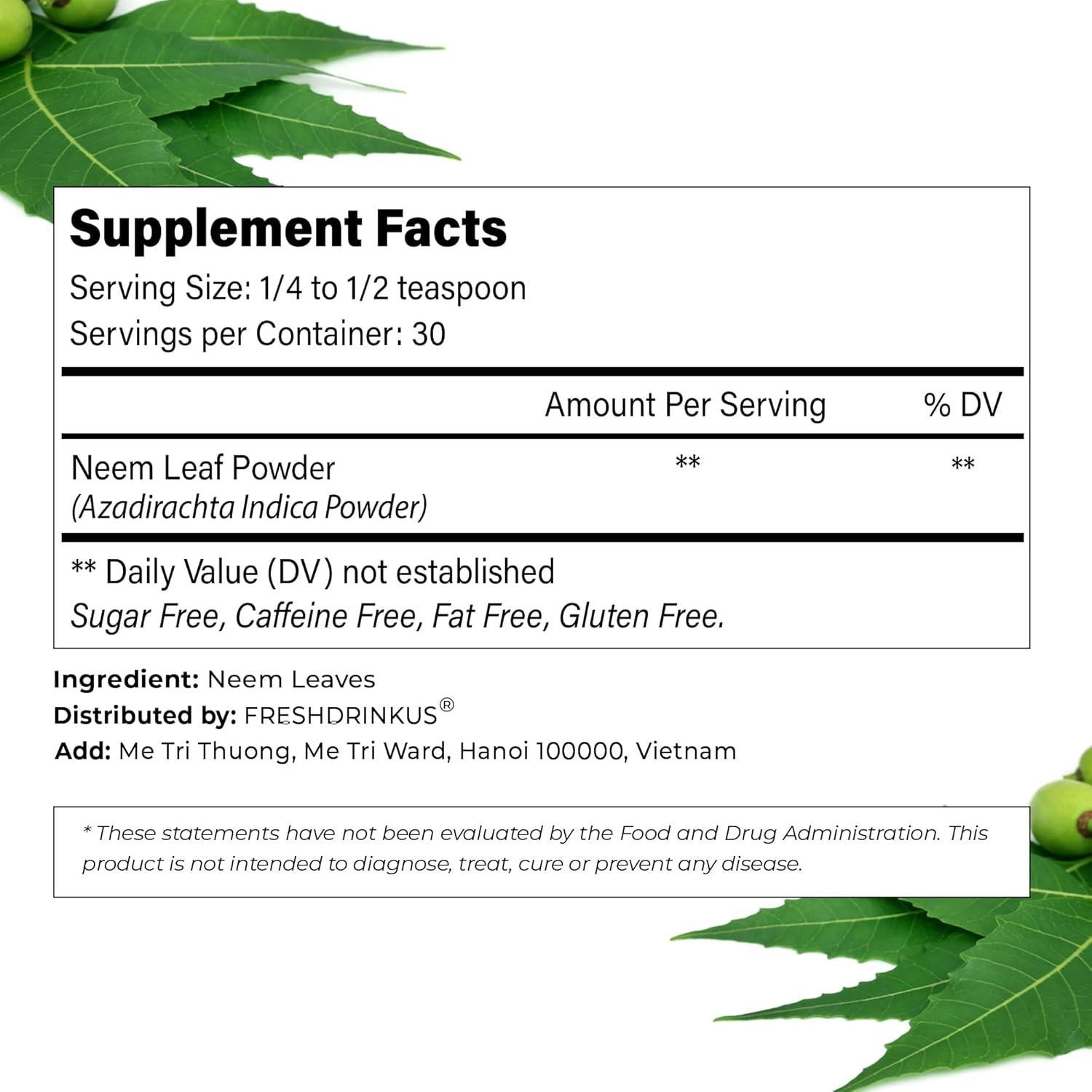 Polvo de Hoja de Neem 170g FreshDrinkUS 100% Natural para Piel y Cabello