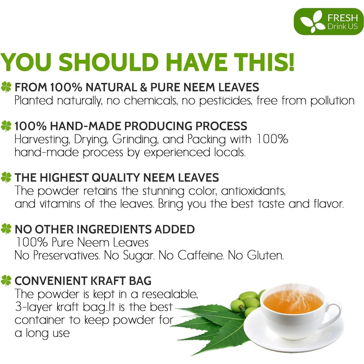 Polvo de Hoja de Neem 170g FreshDrinkUS 100% Natural para Piel y Cabello