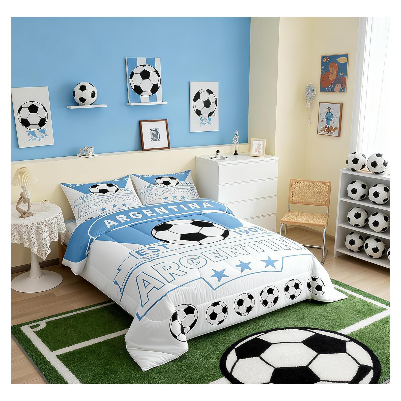 Conjunto de Ropa de Cama Completo Feelyou Fútbol Azul Blanco 3 Piezas