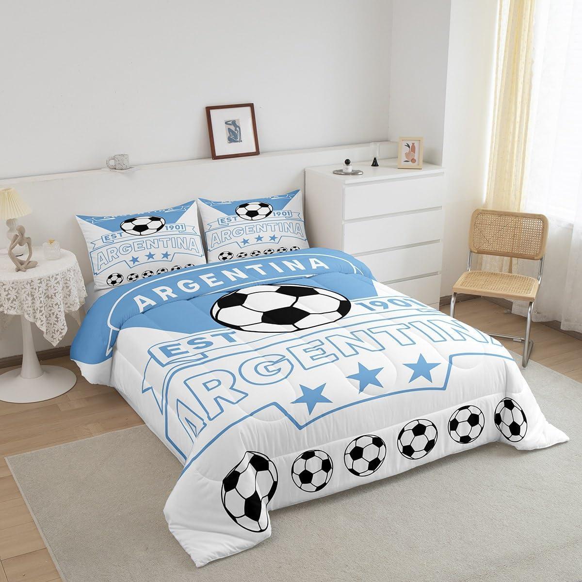 Conjunto de Ropa de Cama Completo Feelyou Fútbol Azul Blanco 3 Piezas