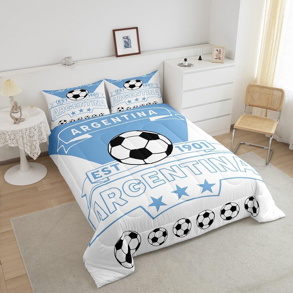 Conjunto de Ropa de Cama Completo Feelyou Fútbol Azul Blanco 3 Piezas