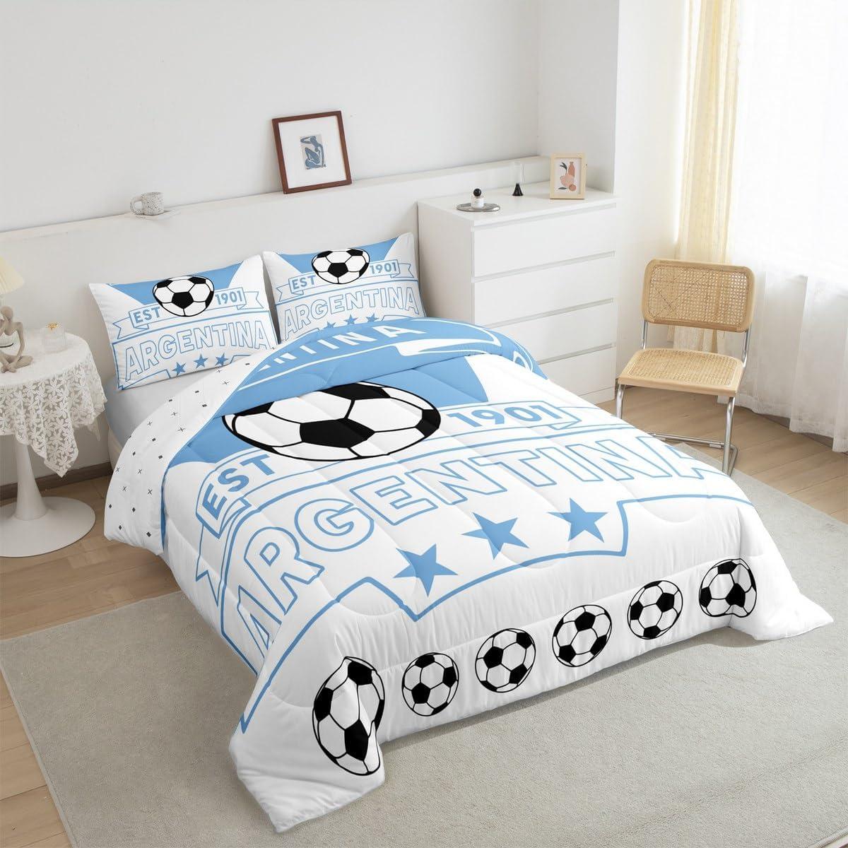 Conjunto de Ropa de Cama Completo Feelyou Fútbol Azul Blanco 3 Piezas