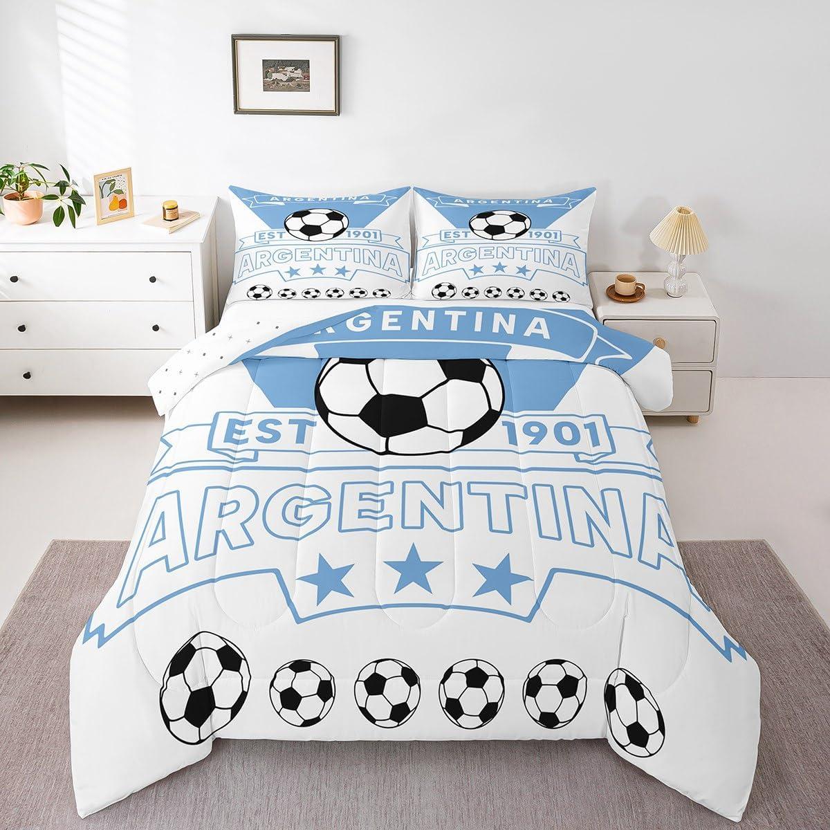 Conjunto de Ropa de Cama Completo Feelyou Fútbol Azul Blanco 3 Piezas