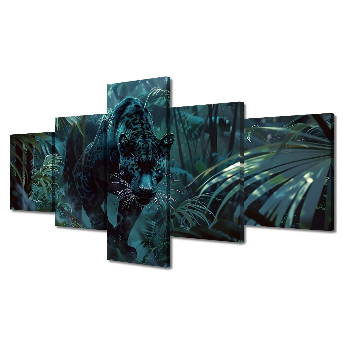Arte en Lienzo 5 Paneles Pantera en Selva Verde 127x61 cm
