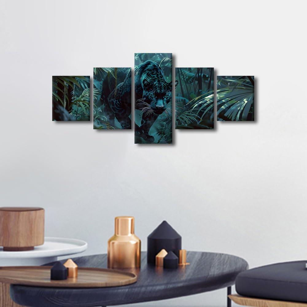 Arte en Lienzo 5 Paneles Pantera en Selva Verde 127x61 cm
