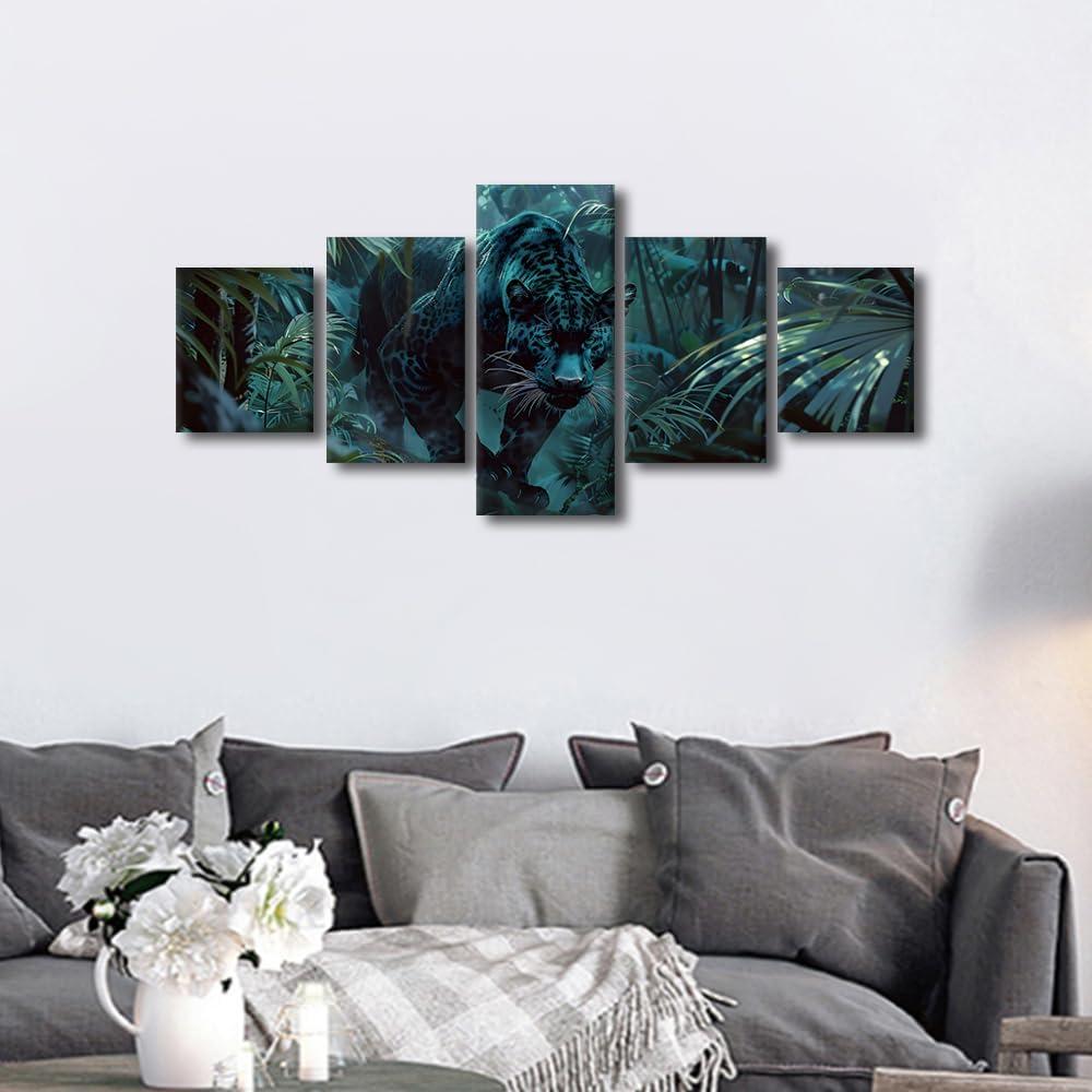 Arte en Lienzo 5 Paneles Pantera en Selva Verde 127x61 cm