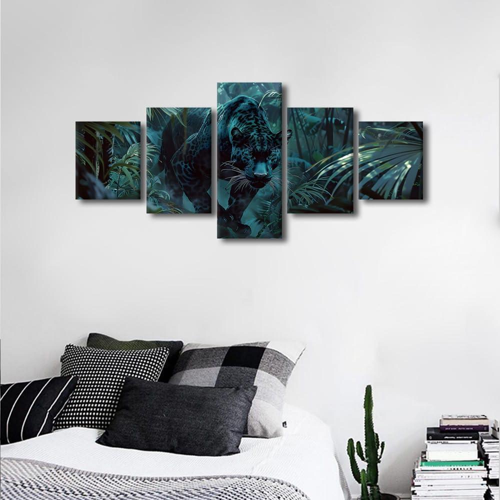 Arte en Lienzo 5 Paneles Pantera en Selva Verde 127x61 cm