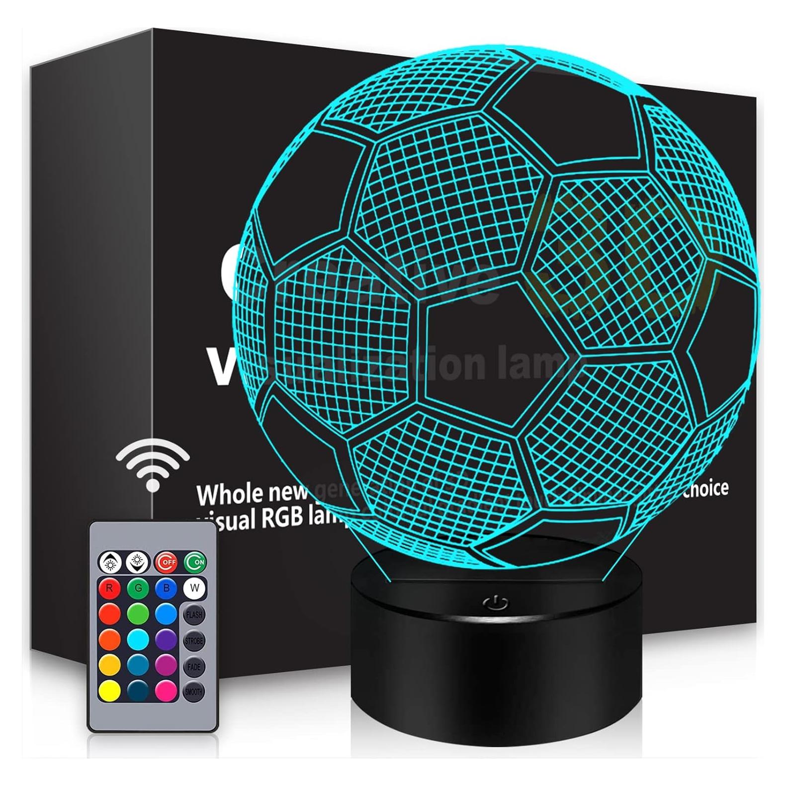 Lámpara Nocturna 3D BASSI Fútbol, Control Remoto, 16 Colores