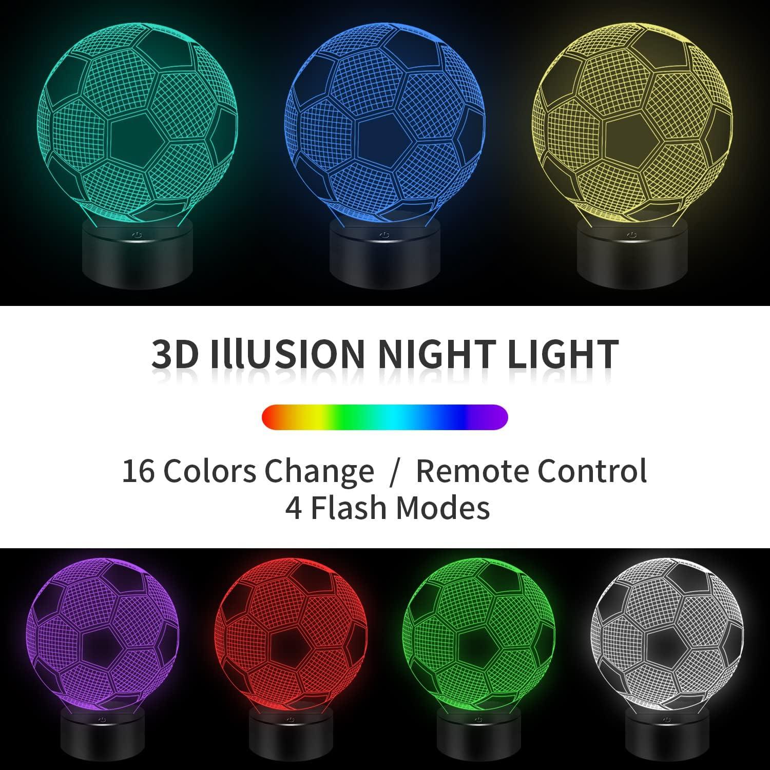 Lámpara Nocturna 3D BASSI Fútbol, Control Remoto, 16 Colores