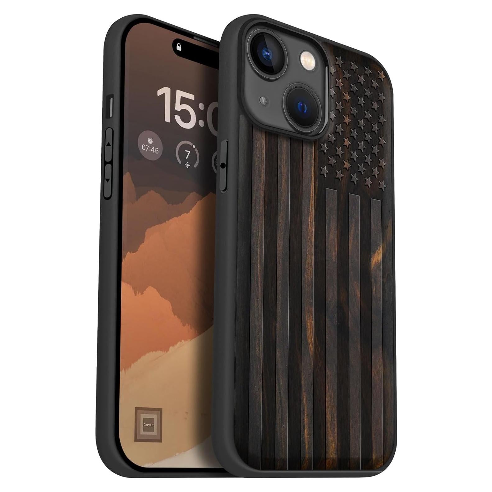 Funda de Madera Magnética Carveit para iPhone 15 - Bandera Americana