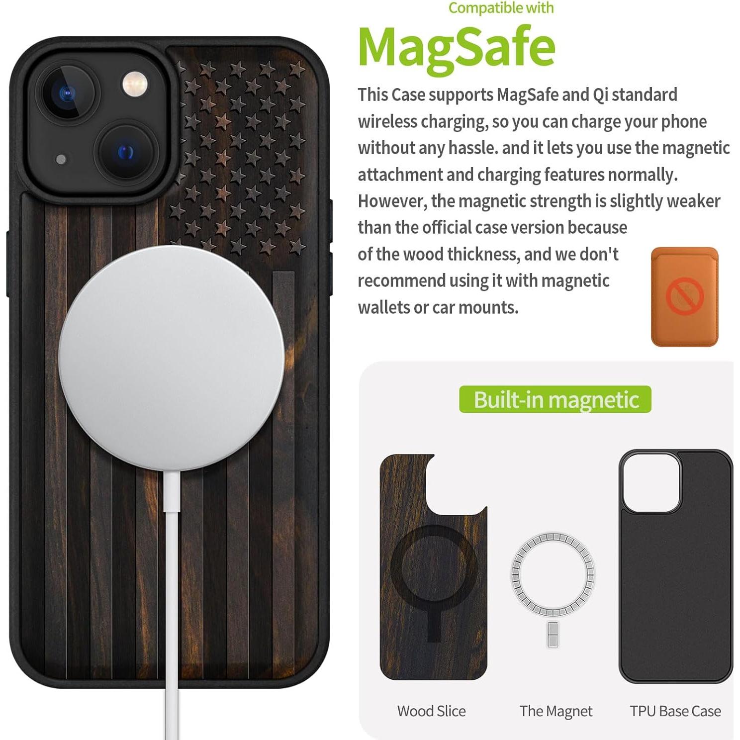 Funda de Madera Magnética Carveit para iPhone 15 - Bandera Americana